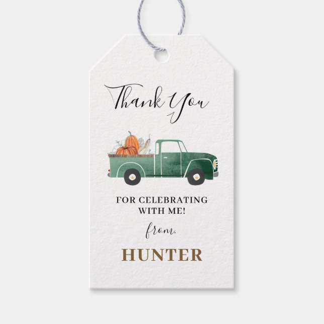Boy Fall Birthday Lastbil med pumpkins Presentetikett (Framsidan)