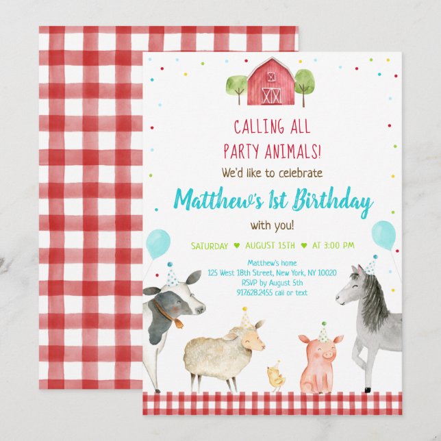 Boy Farm Party Animal Birthday Inbjudningar (Fram/baksida)