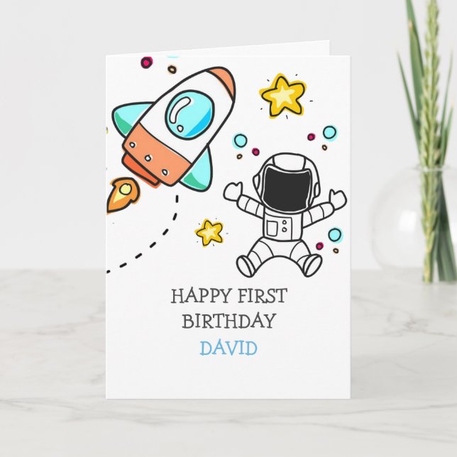 Boy First Birthday Astronaut Rymden Rocket Kort (Framsida)