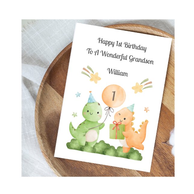 Boy First Birthday Balloon Dinosaurs Card Kort (Skapare uppladdad)