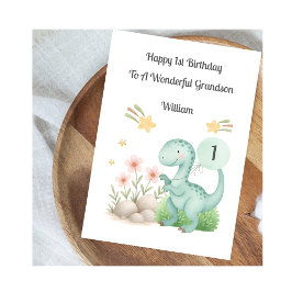 Boy First Birthday Blue Dinosaur Card Kort