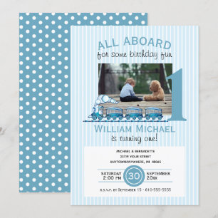 Boy First Birthday Blue Tåg Photo Inbjudningar