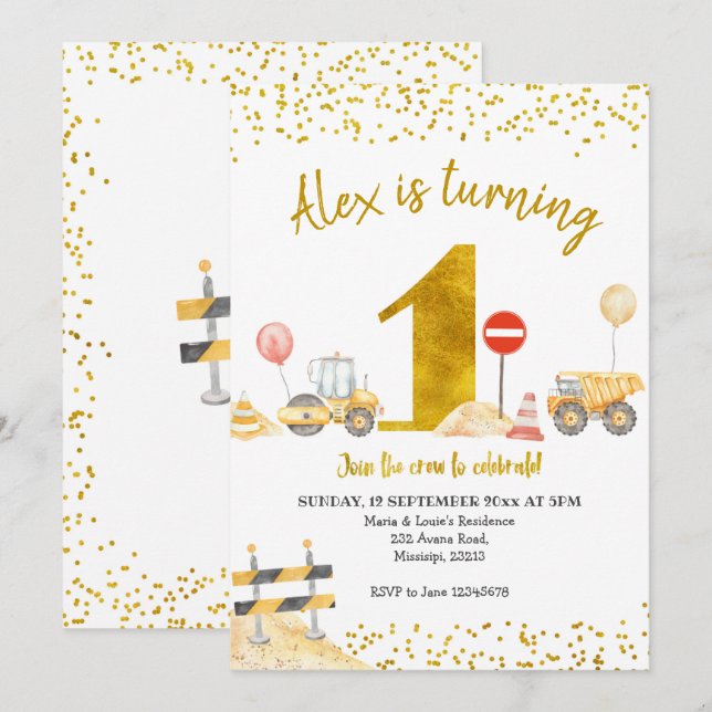 Boy First Birthday Construction Birthday Inbjudningar (Fram/baksida)