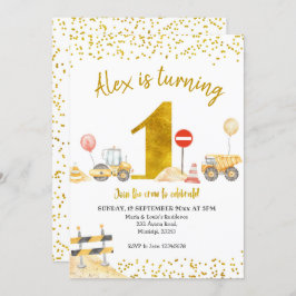 Boy First Birthday Construction Birthday Inbjudningar