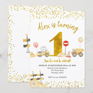 Boy First Birthday Construction Birthday Inbjudningar