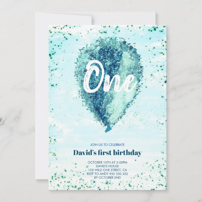 Boy First Birthday Glitter Blue Balloon Inbjudningar (Framsida)