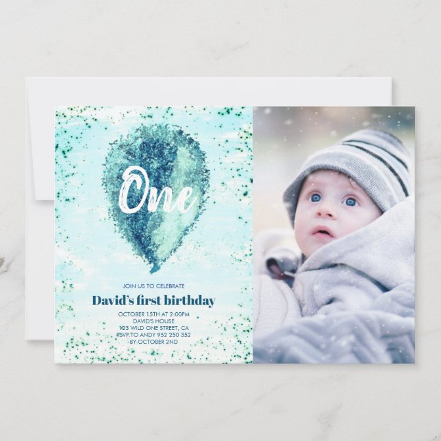 Boy First Birthday Glitter Blue Balloon Photo Inbjudningar (Framsida)