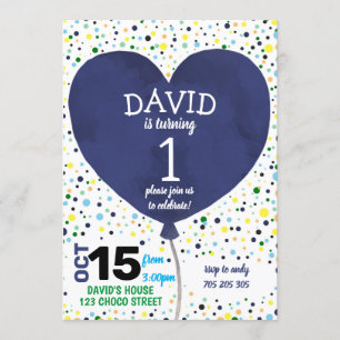 Boy First Birthday Heart Balloon Confetti Inbjudningar