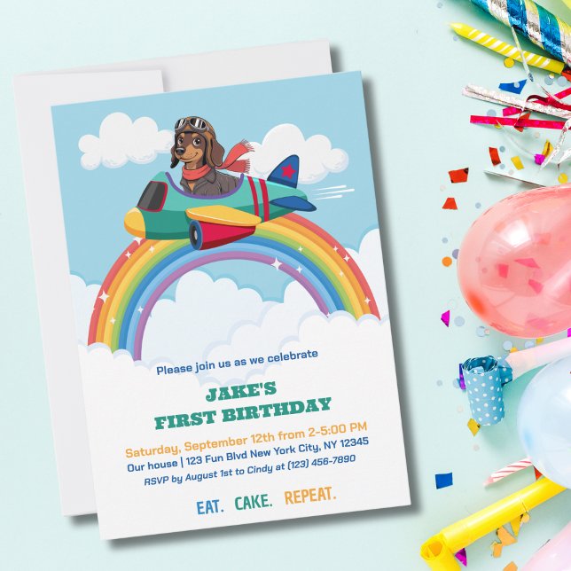Boy First Birthday Hund Pilot Airplane Clouds Cute Inbjudningar (Skapare uppladdad)