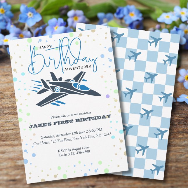 Boy First Birthday Jet Fighter Airplan Blue White Inbjudningar (Skapare uppladdad)