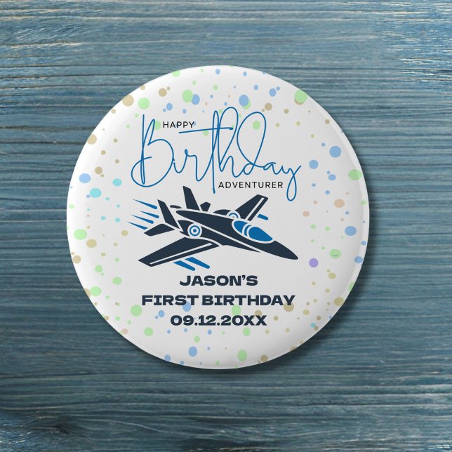 Boy First Birthday Jet Fighter Airplan Blue White Knapp (Skapare uppladdad)