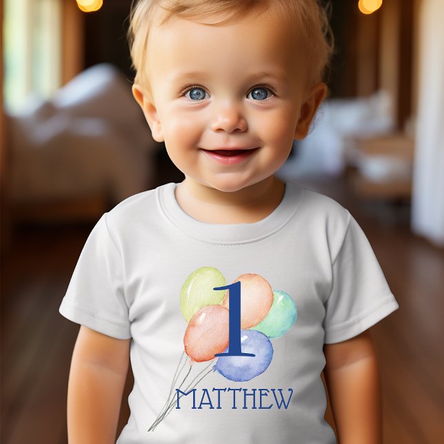 Boy First Birthday med Namn och Balloons T Shirt (Change the number to ANY AGE!)