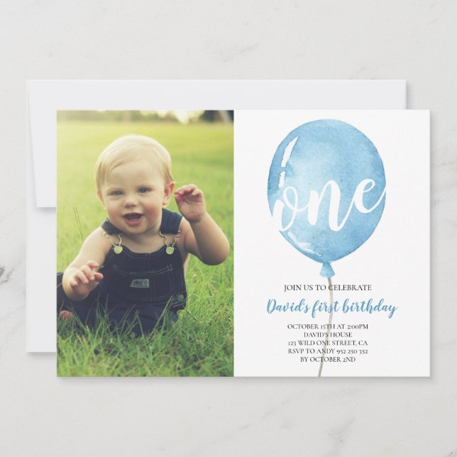 Boy First Birthday med Photo Blue Balloon Inbjudningar (Framsida)