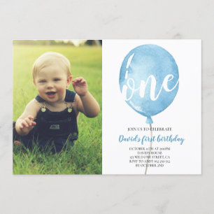 Boy First Birthday med Photo Blue Balloon Inbjudningar