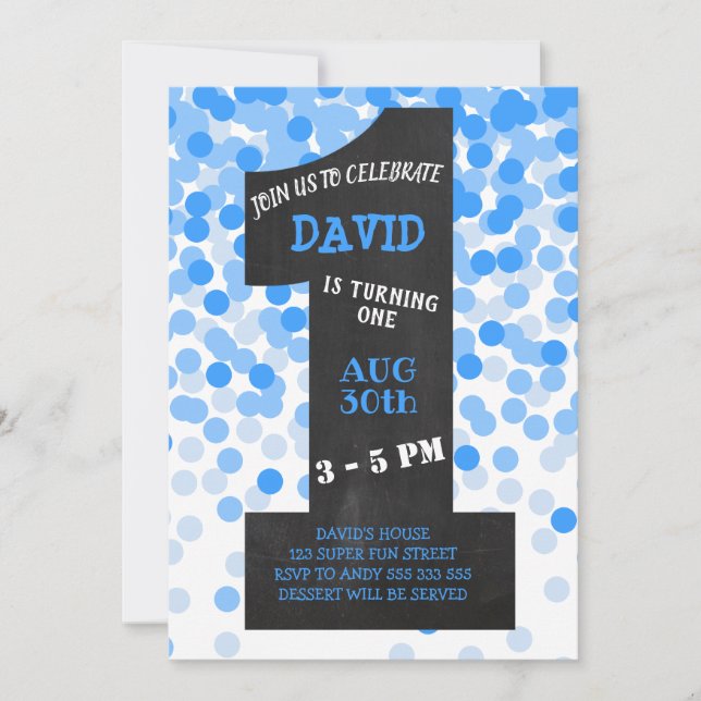 Boy First Birthday Modern Chalkboard Blue Confetti Inbjudningar (Framsida)