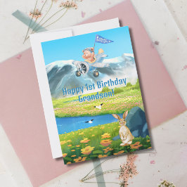 Boy First Birthday Nalle Airplan Grandson Julkort