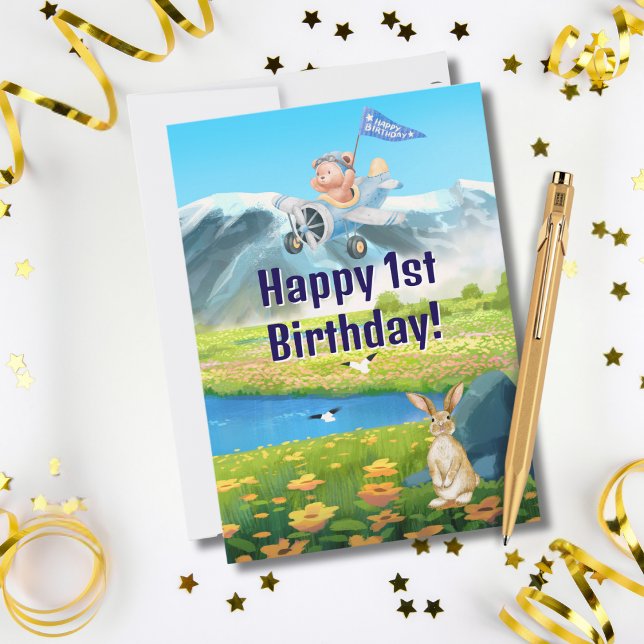 Boy First Birthday Nalle Airplan Mountains Julkort (Skapare uppladdad)