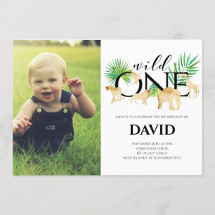 Boy First Birthday Photo Vild One Guld Jungle Inbjudningar