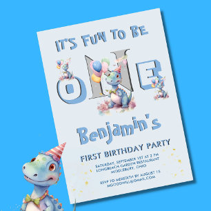 Boy First Birthday Roligt One Dinosaur Inbjudningar