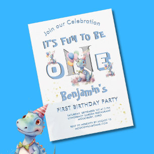 Boy First Birthday Roligt One Dinosaur Inbjudningar
