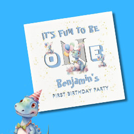 Boy First Birthday Roligt One Dinosaur Pappersservett