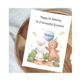 Boy First Birthday Woodland Rabbit Bear Card Kort