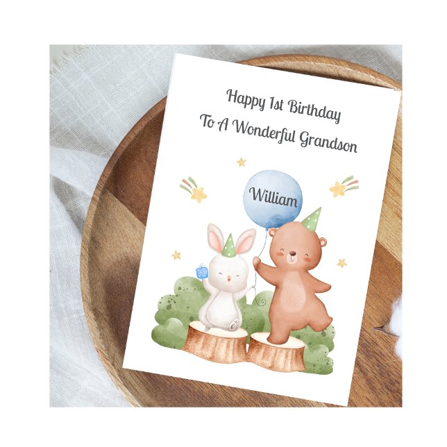 Boy First Birthday Woodland Rabbit Bear Card Kort (Skapare uppladdad)