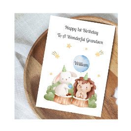 Boy First Birthday Woodland Rabbit Hedgehog Card Kort