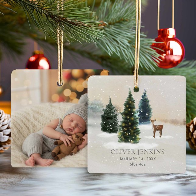 Boy First Christmas Birth Stats Woodland Photo Julgransprydnad Keramik (Rustic Forest Woodland Birth Stats with Photo Ornament)