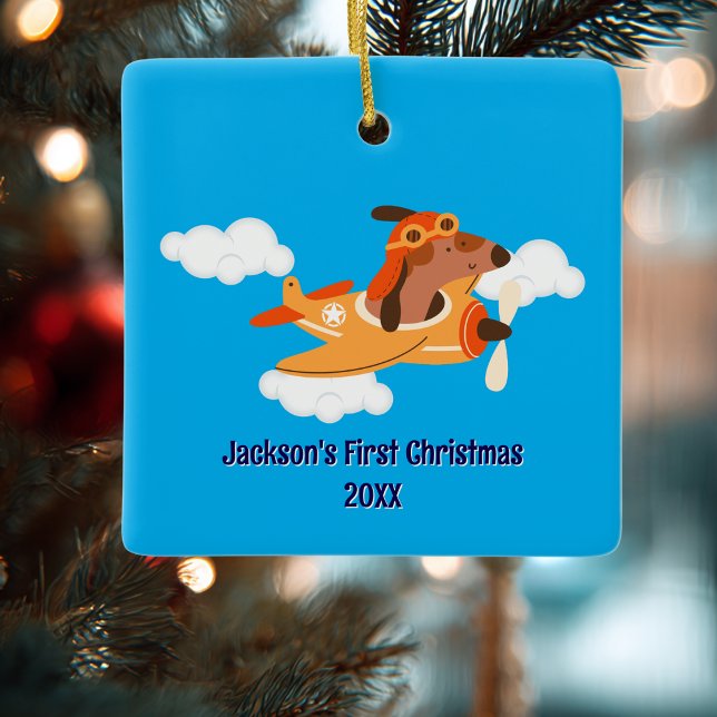 Boy First Christmas Dog Pilot Airplane Cloud Funny Julgransprydnad Keramik (Skapare uppladdad)