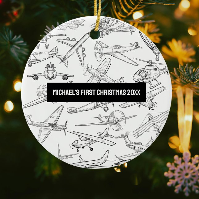 Boy First Christmas Hand Drawn Airplanes Aviation  Julgransprydnad Keramik (Skapare uppladdad)