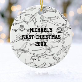 Boy First Christmas Hand Drawn Airplanes Photo  Julgransprydnad Keramik