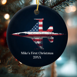 Boy First Christmas Jet Fighter US Airplane Custom Julgransprydnad Keramik
