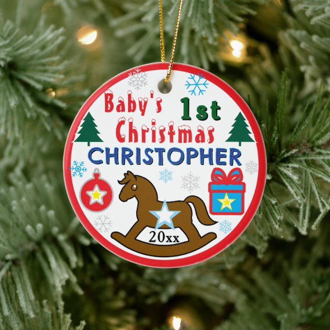 Boy First Christmas PHOTO Rocking Horse  Julgransprydnad Keramik (Träd)