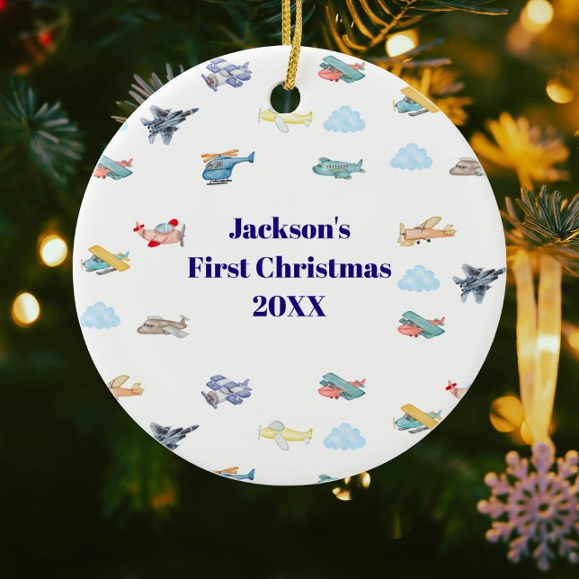 Boy First Christmas Watercolor Airplanes Clouds Julgransprydnad Keramik (Skapare uppladdad)