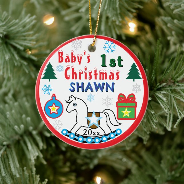 Boy First Christmas White Horse Peace Julgransprydnad Keramik (Träd)