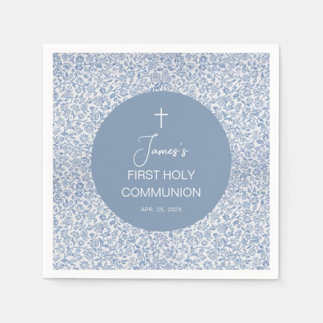 Boy First Communion Blue and White Floral Pattern Pappersservett (Framsidan)