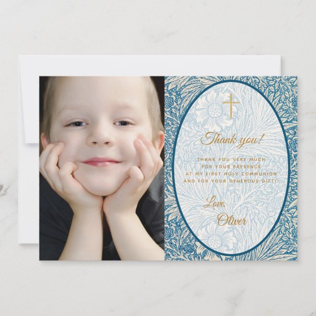 Boy First Communion Blue Blommigt Guld Photo Tack Kort (Framsida)