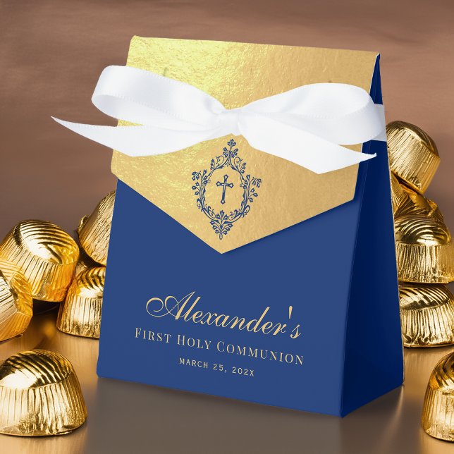 Boy First Communion Blue Cross in Crest Faux Gold Presentaskar (Skapare uppladdad)