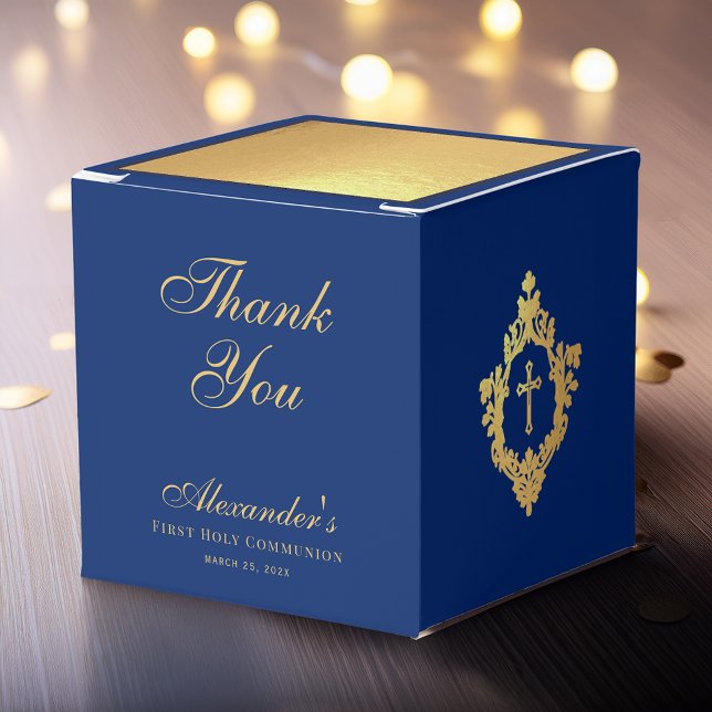 Boy First Communion Blue Faux Gold Crest Thank You Presentaskar (Skapare uppladdad)