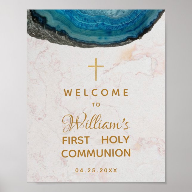 Boy First Communion Blue Geode Marble Välkommen Poster (Framsidan)
