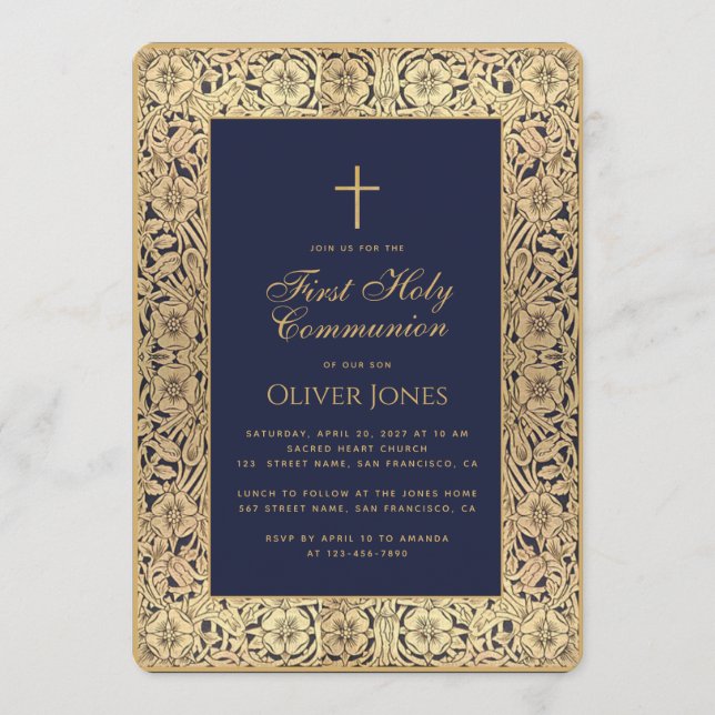 Boy First Communion Blue Guld Blommigt Ram Elegant Inbjudningar (Framsida)