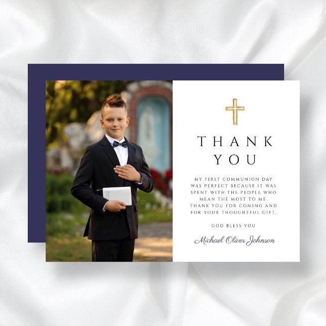 Boy First Communion Blue Kor Photo Tack Kort (Boy First Communion Blue Cross Photo Thank You Card)