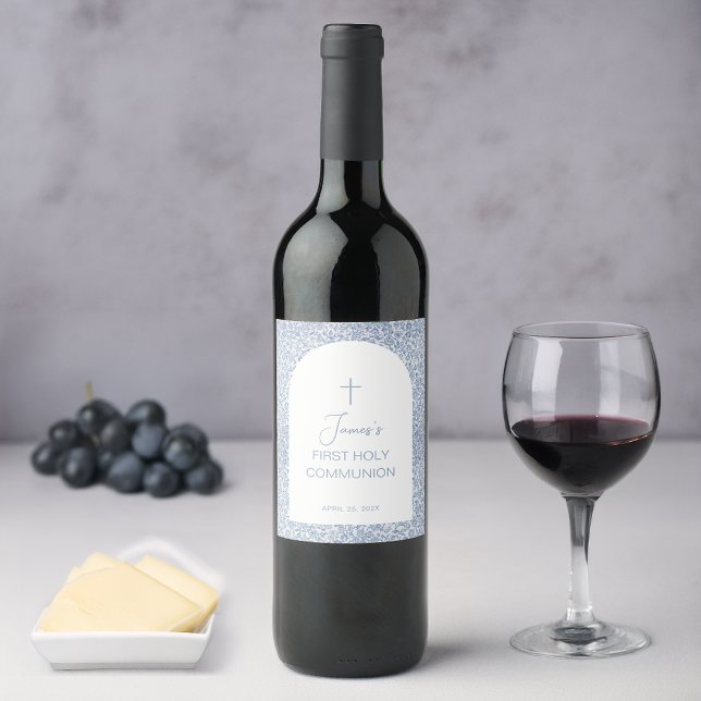 Boy First Communion Blue White Floral Pattern Arch Vinflaska Etikett (Skapare uppladdad)