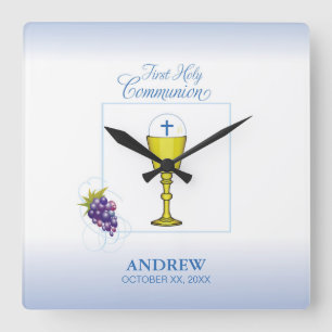 Boy First Communion, Chalice with Host and Grapes Fyrkantig Klocka