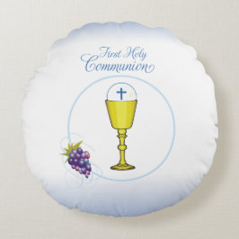 Boy First Communion, Chalice with Host and Grapes Rund Kudde