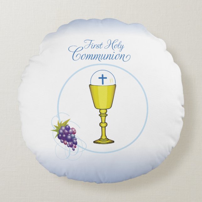 Boy First Communion, Chalice with Host and Grapes Rund Kudde (Framsidan)