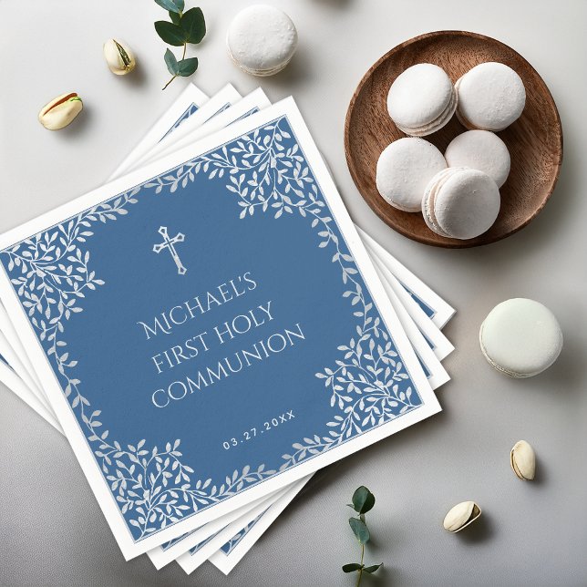 Boy First Communion Classic Blue Silver Lövs Pappersservett (Skapare uppladdad)