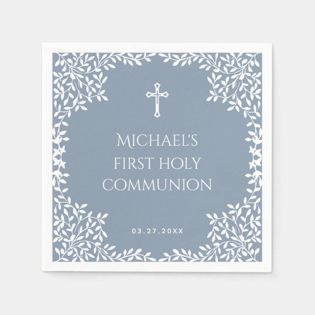 Boy First Communion Dusty Blue White Leaves Ornate Pappersservett (Framsidan)