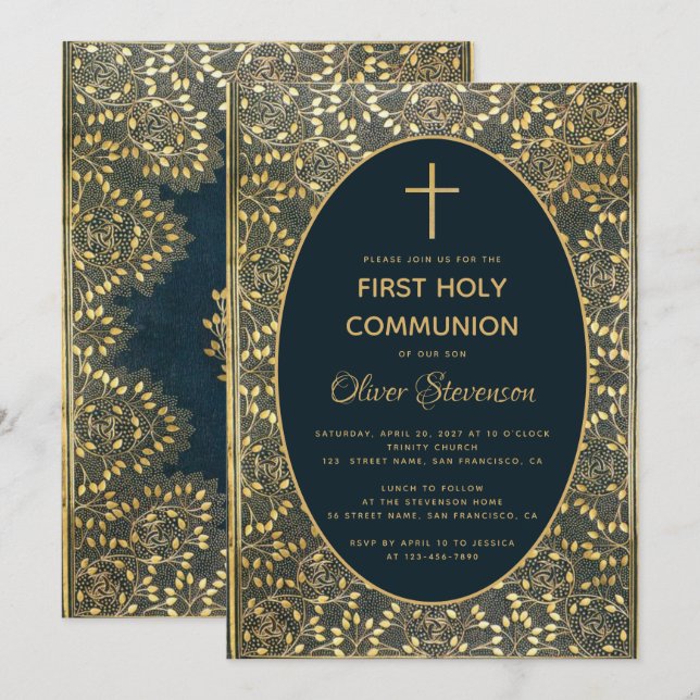 Boy First Communion Elegant Blue Guld Löv Kor Inbjudningar (Fram/baksida)